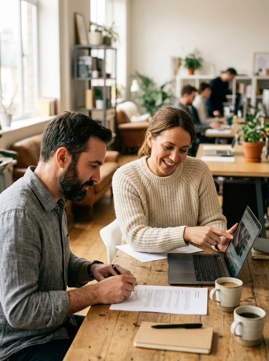 A consultant and a client looking at a laptop together in an agency studio
