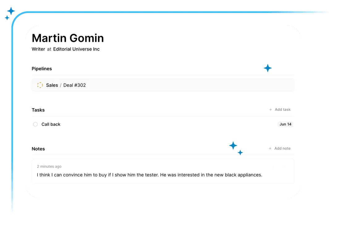 A customer record open in Lattney, showing their details and pipeline