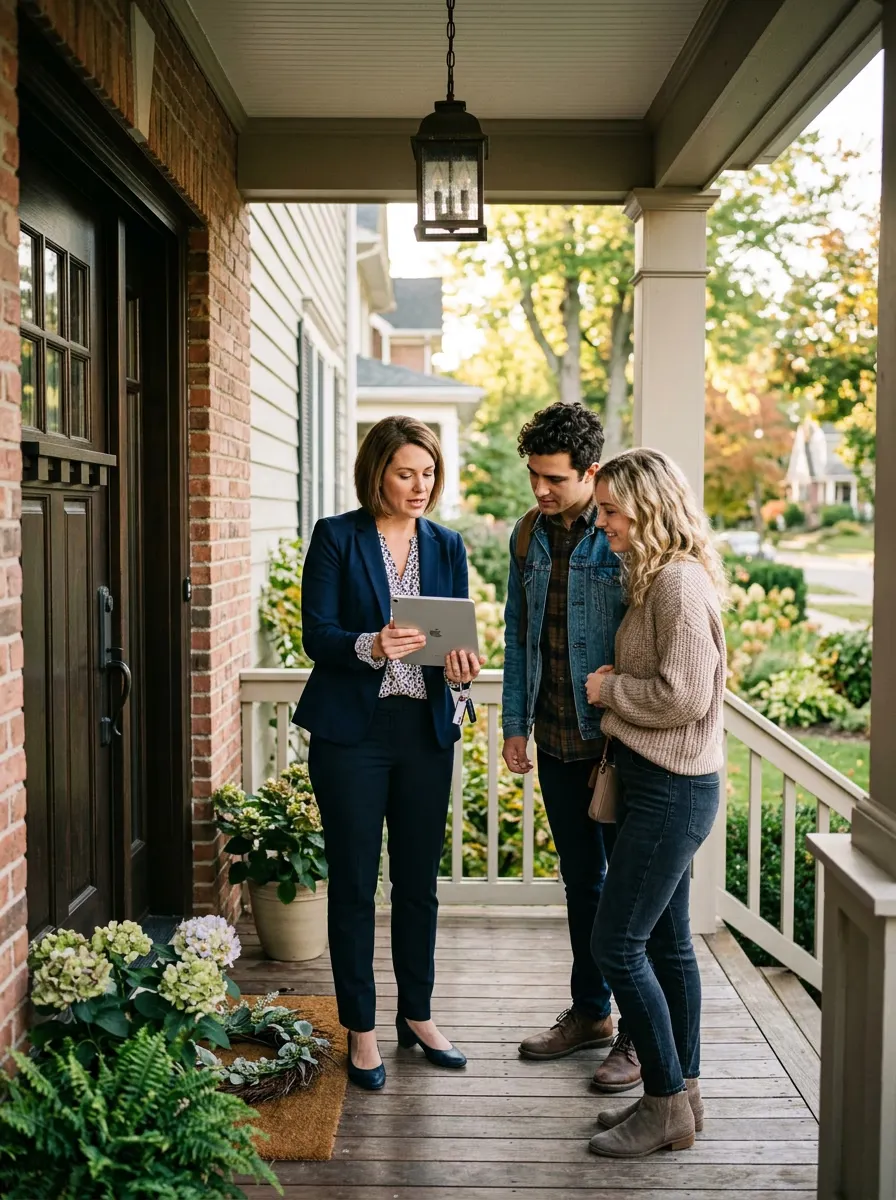 An agent showing a tablet to a couple on the porch of a home