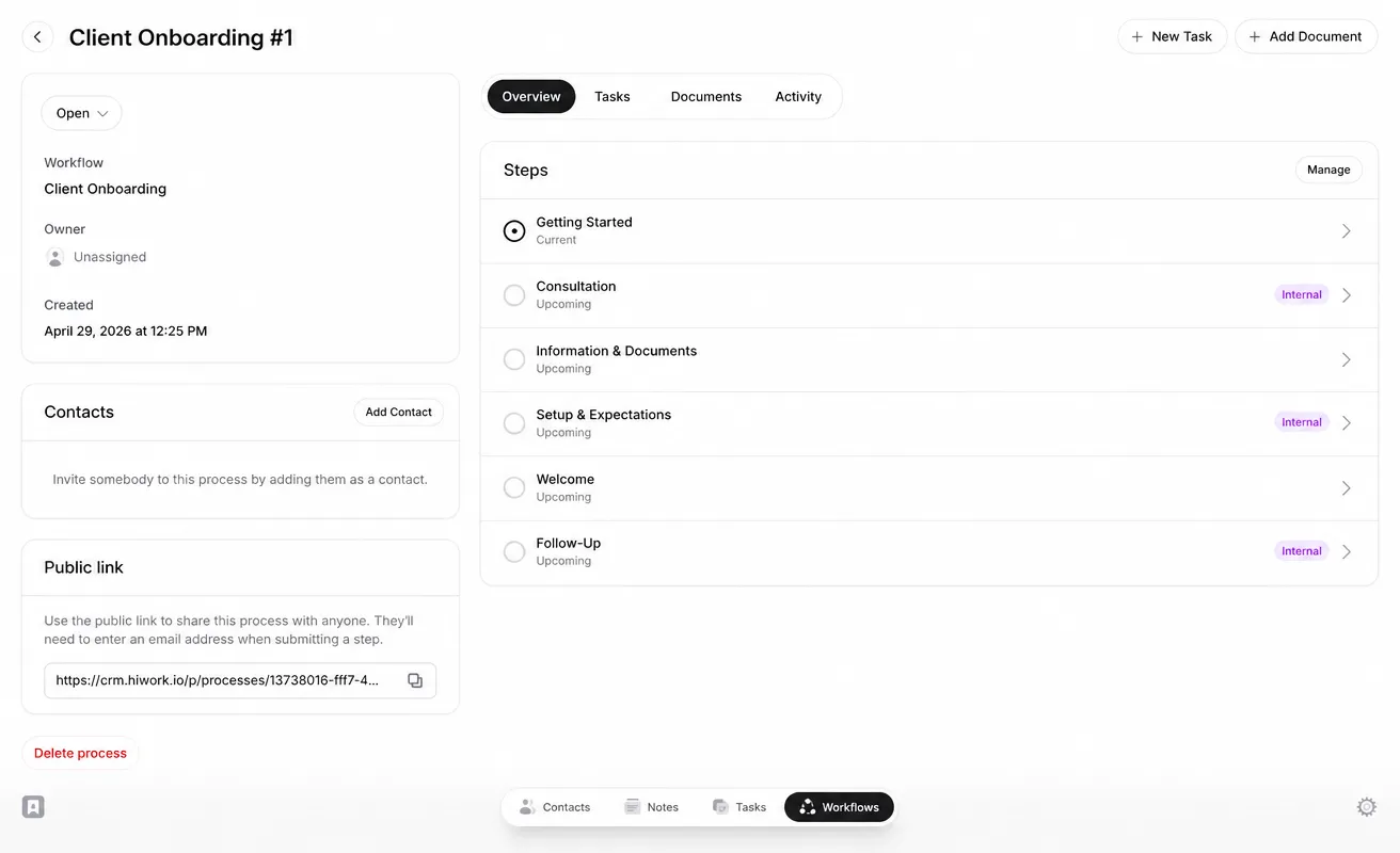 A Client Onboarding workflow in Lattney with its six steps