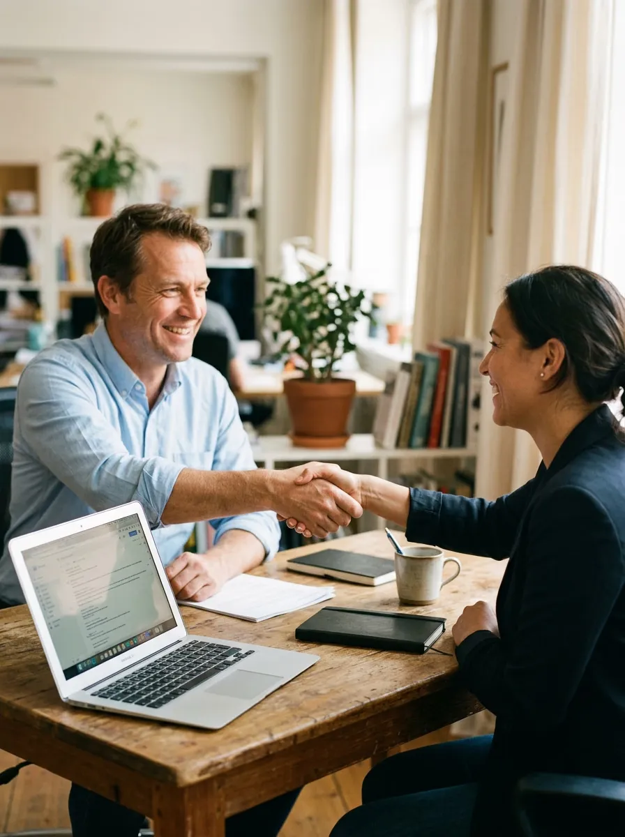 A business owner shaking hands with a new client across a desk