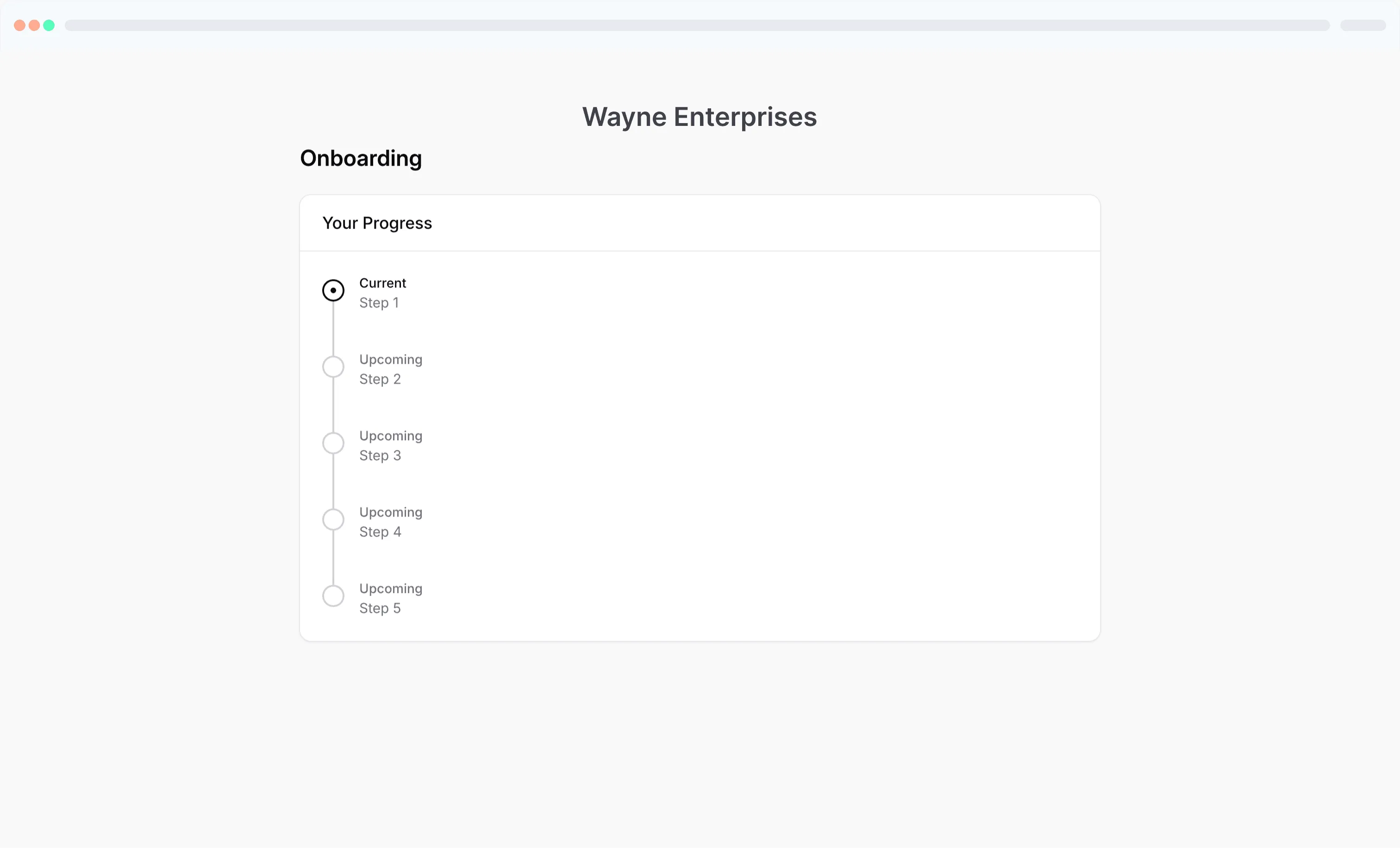 A client portal showing an onboarding workflow with its current and upcoming steps
