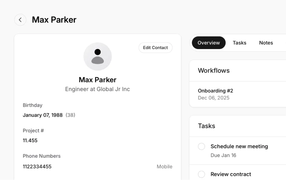 A client record showing their workflows and tasks alongside their details