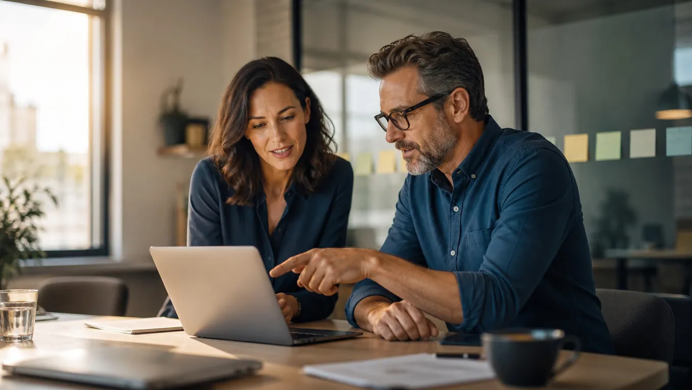 Two colleagues at a desk, looking at the same laptop screen