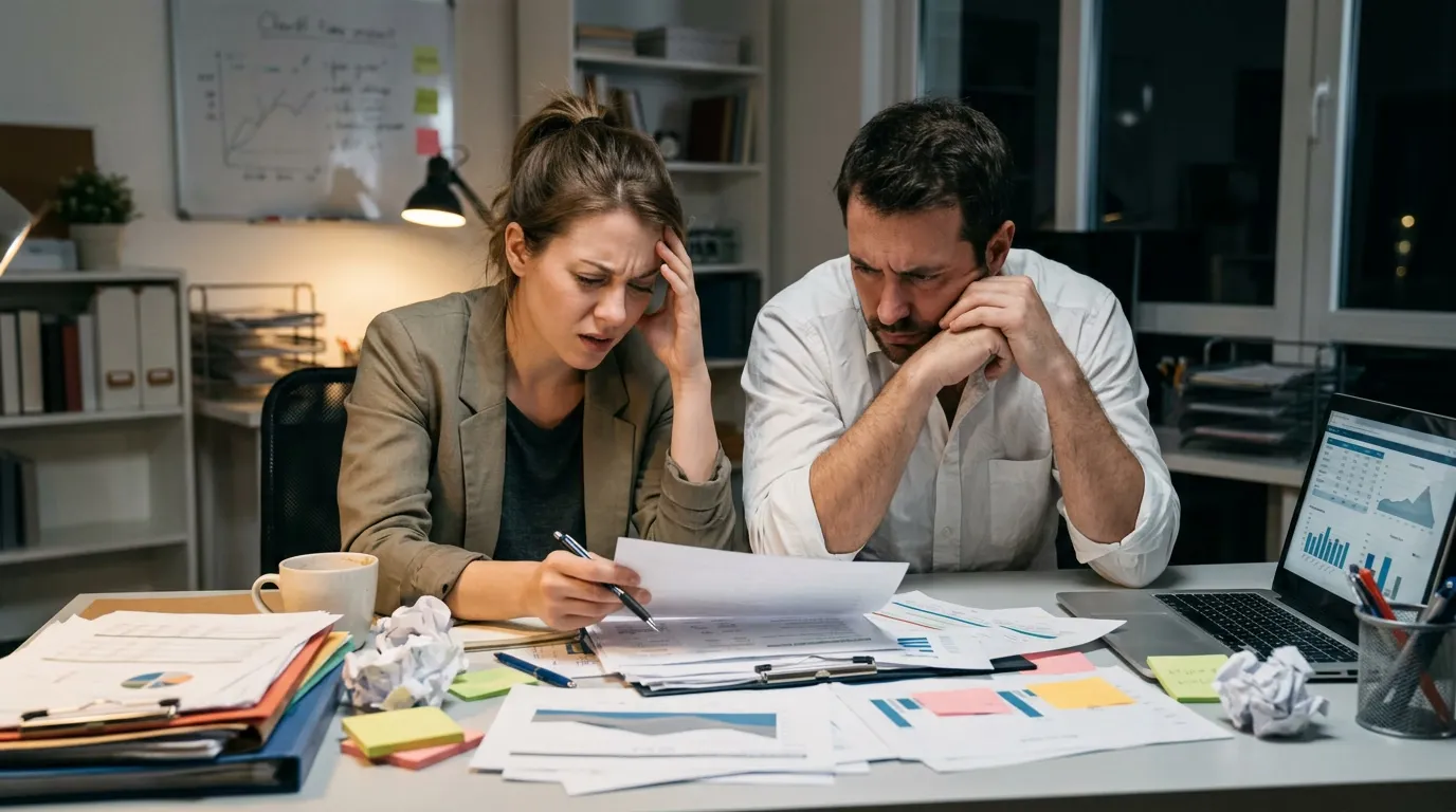 Two small business owners at a desk covered in paperwork late in the evening, looking overwhelmed