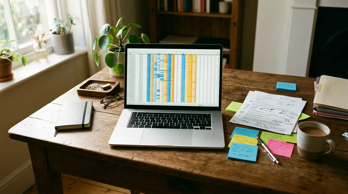 A client tracking spreadsheet open on a laptop, next to handwritten notes