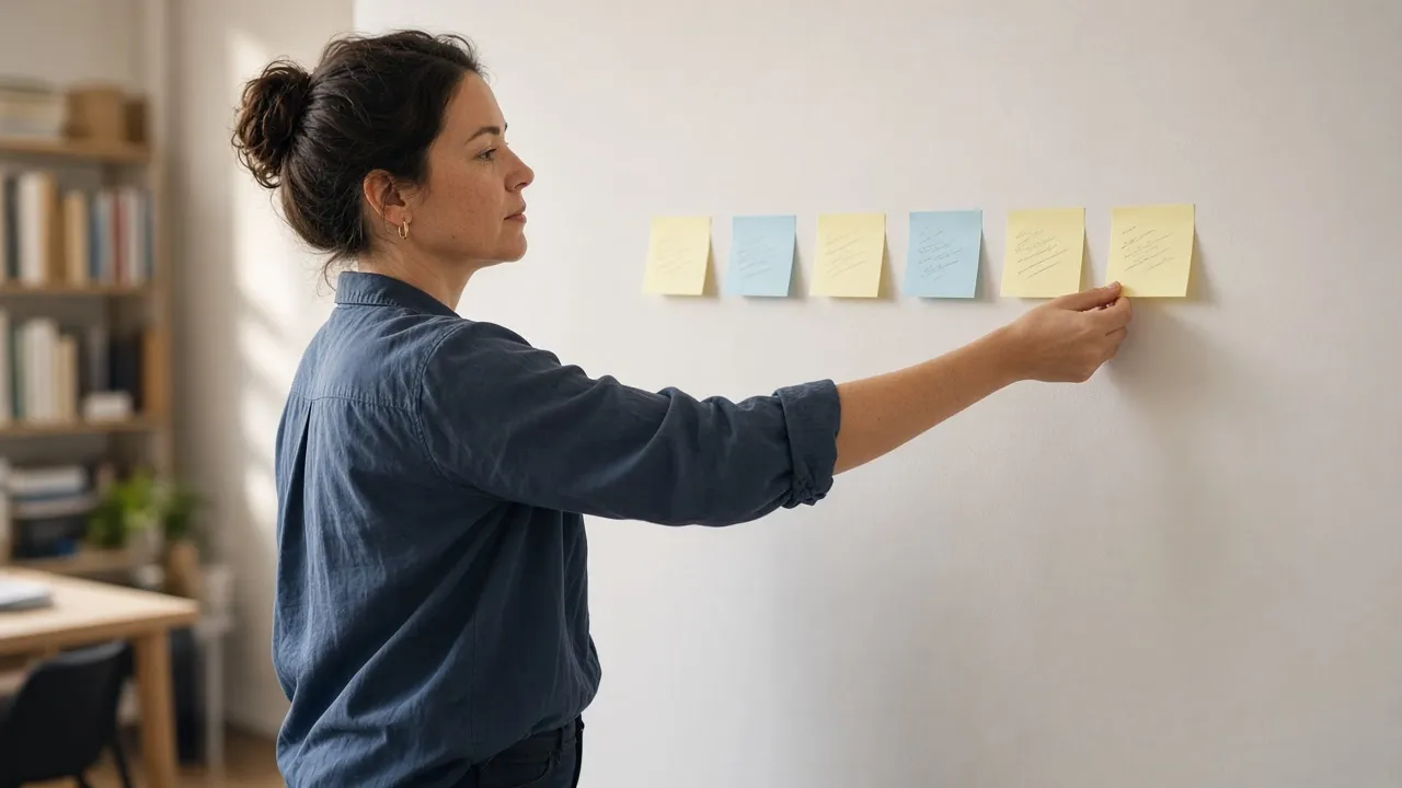 A woman placing a row of sticky notes along a wall