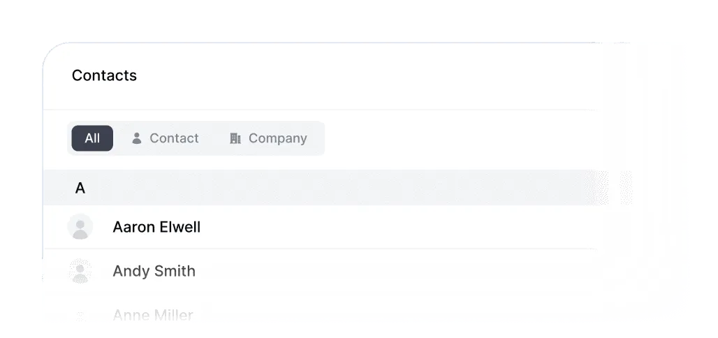 A list of contacts and companies