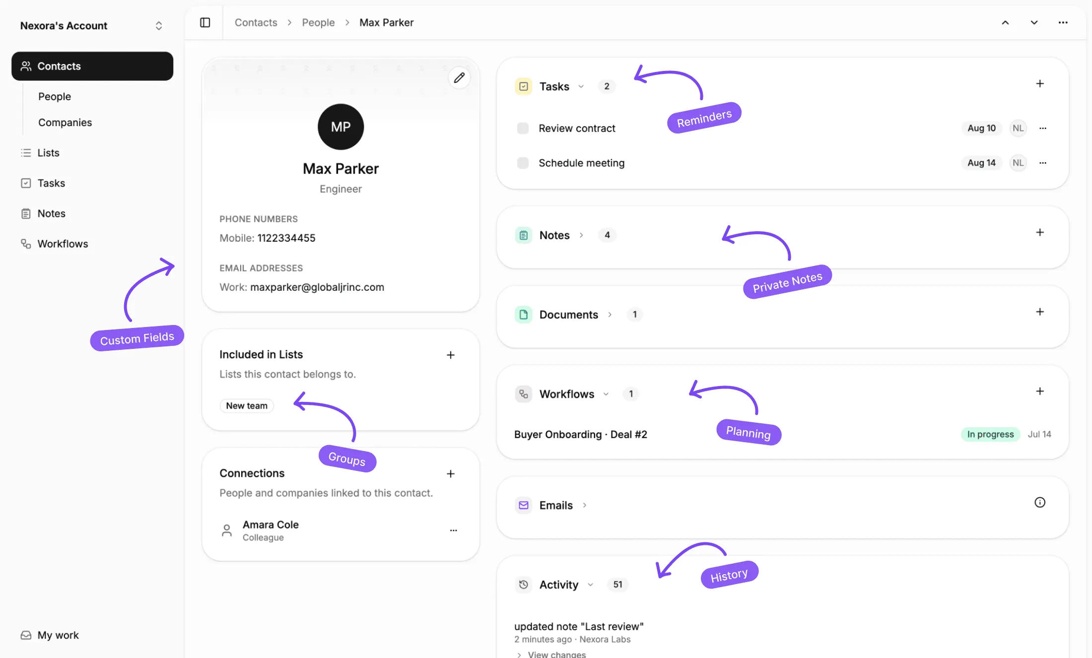The Lattney workspace showing a contact record alongside its notes, tasks and custom fields