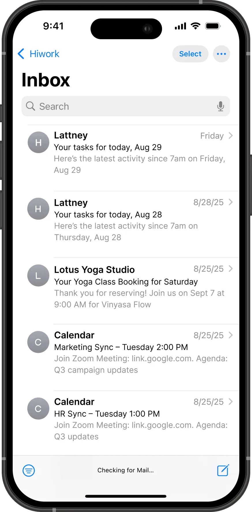 The Lattney inbox on a phone, showing daily task emails