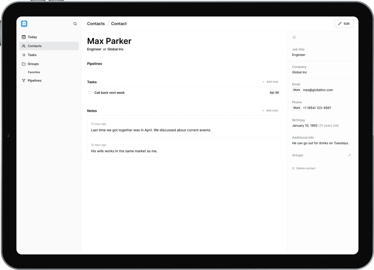 A contact record open in Lattney on a tablet