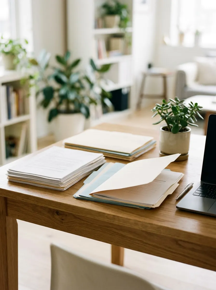 Stacks of paper documents and open file folders on a wooden desk beside a laptop