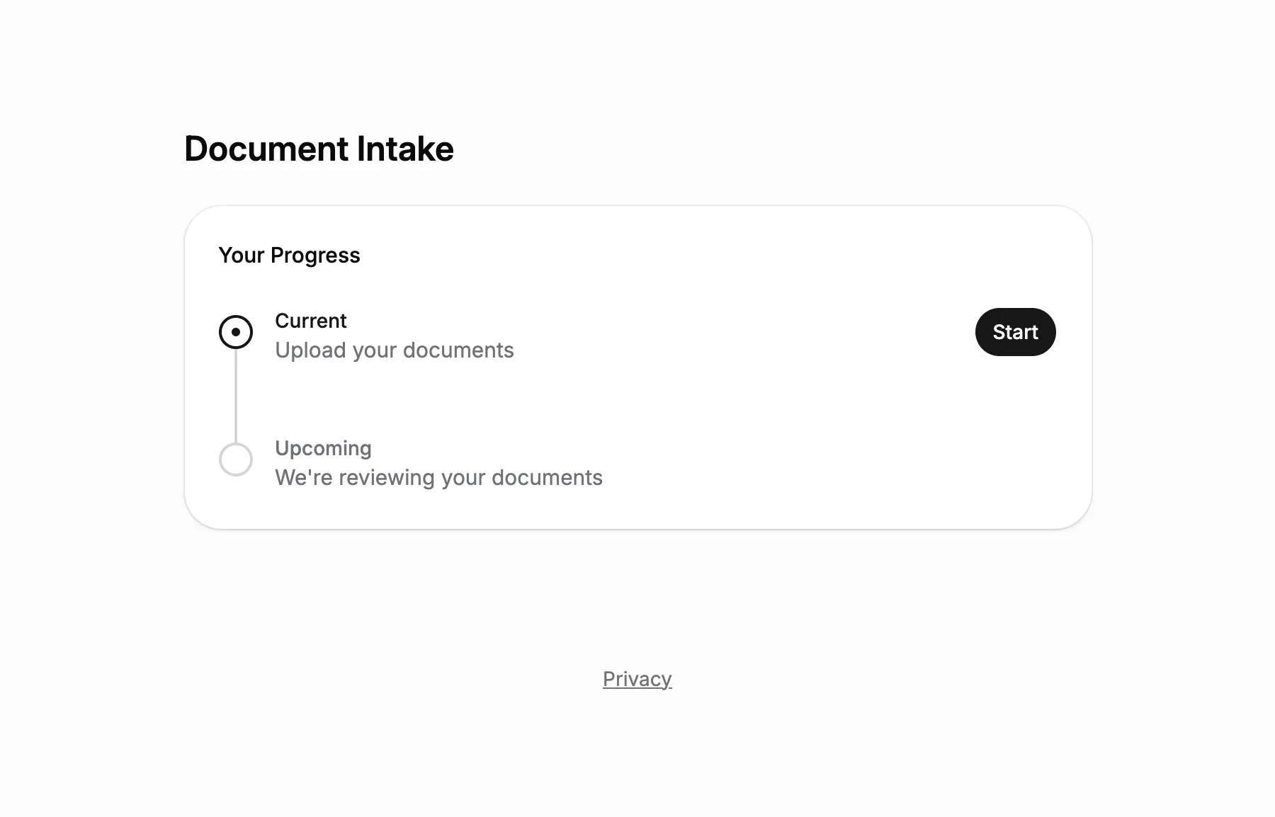 The Document Intake page a client sees, with the upload step and the review step