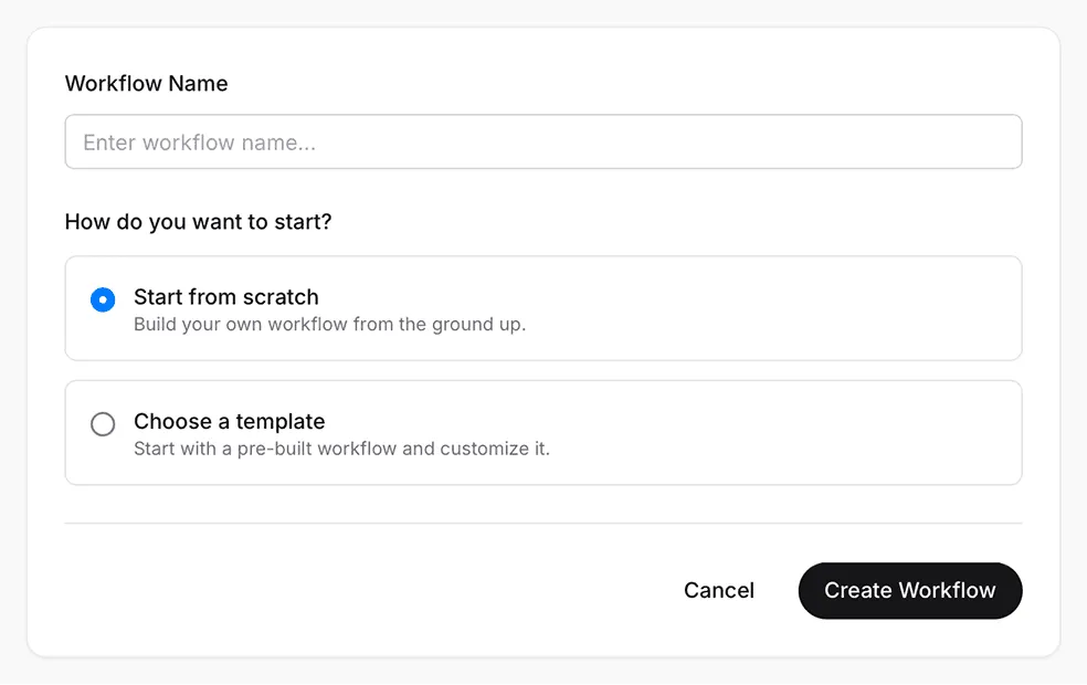 The new workflow dialog offering a blank workflow or a pre-built template