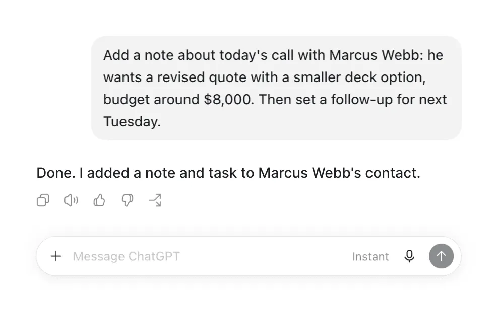 An assistant saving a note and a follow-up task to a contact