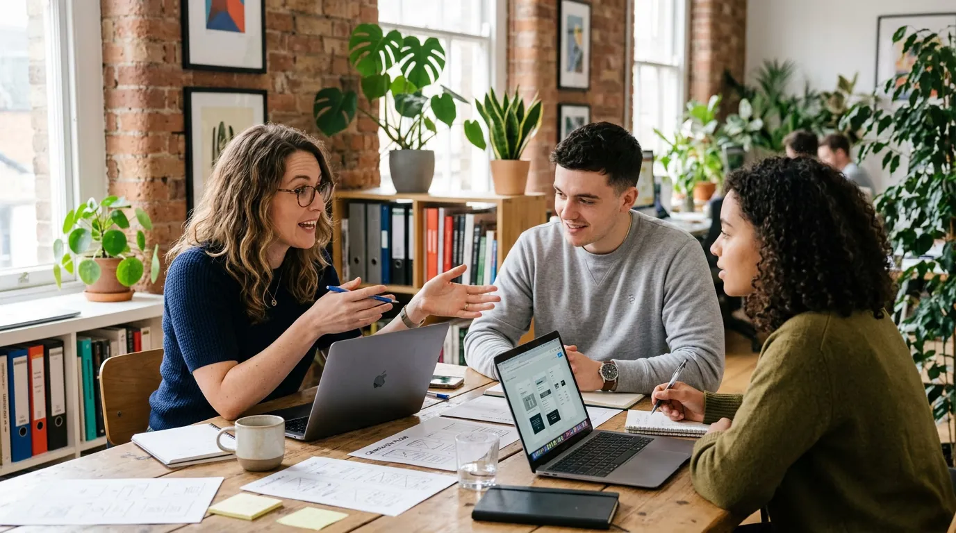 Three agency colleagues talking around a table with laptops