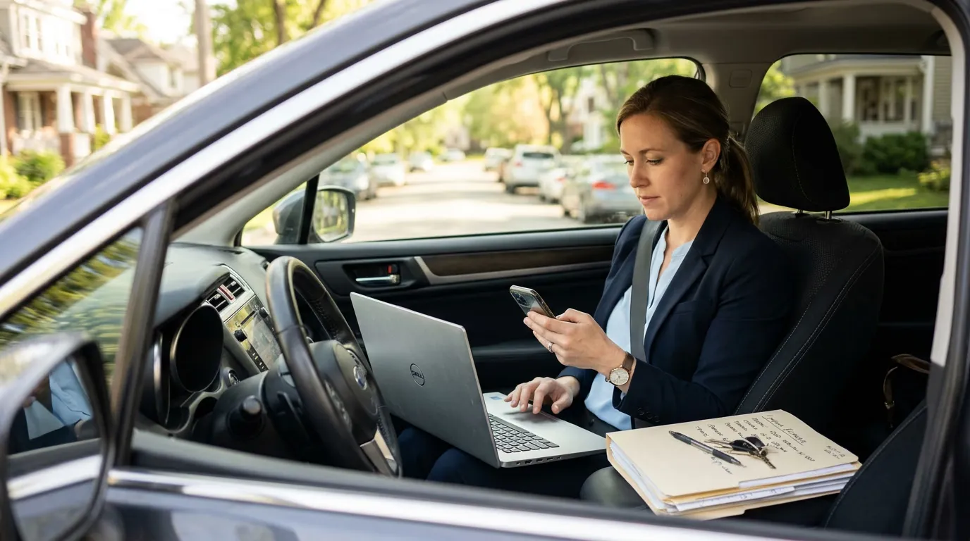An agent working from a laptop in a parked car on a residential street