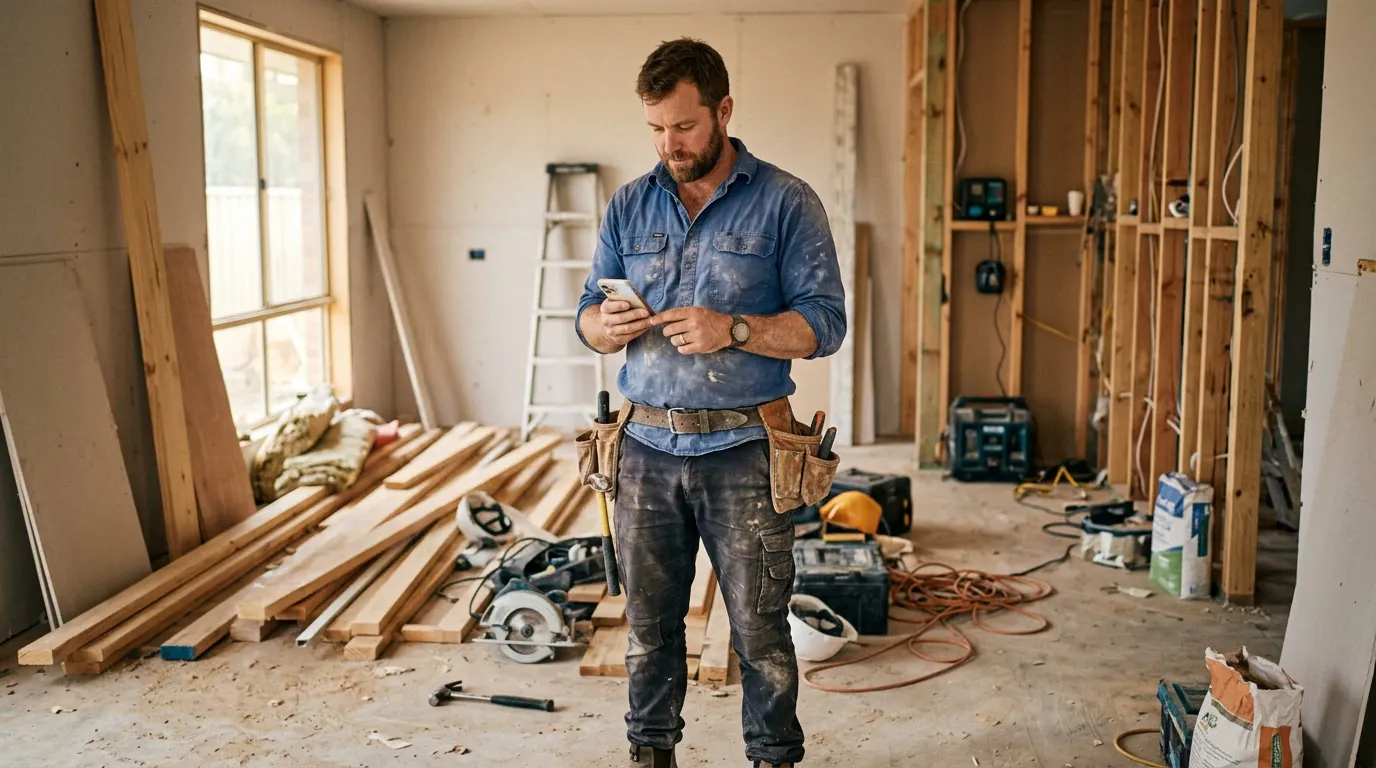 A builder checking his phone in a partly renovated room