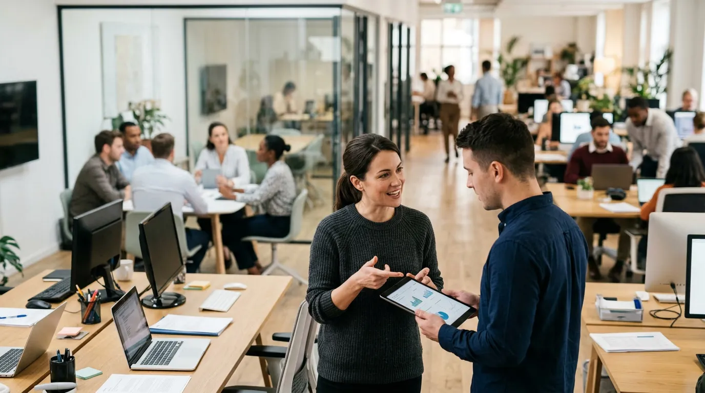 Two colleagues talking over a tablet in a busy consulting office