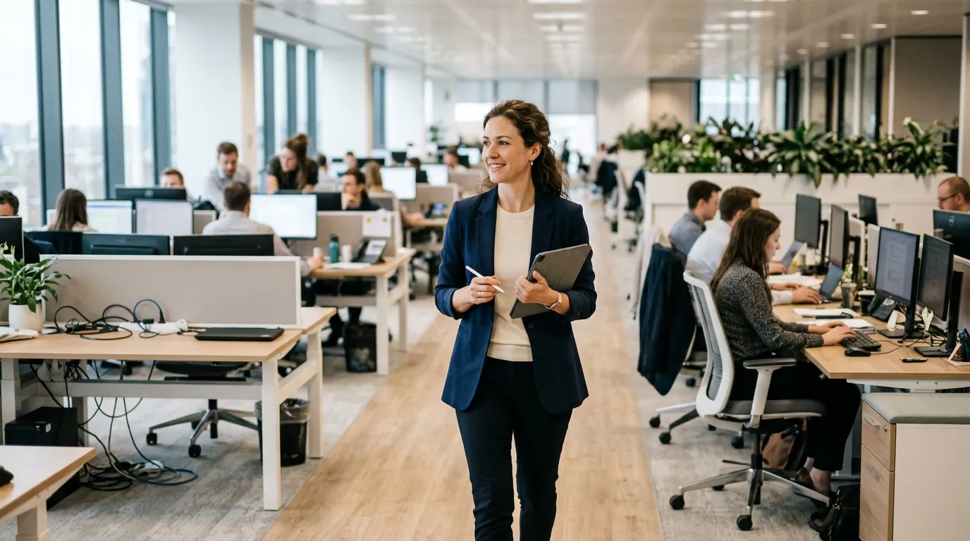 A woman walking through a large open office