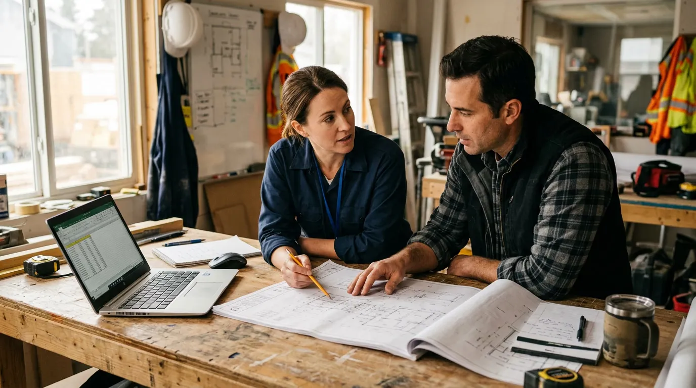 Two people going over building plans at a workbench