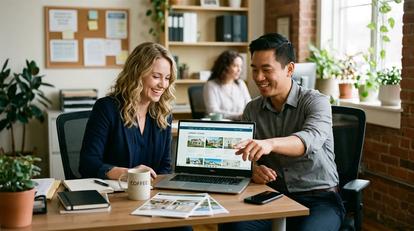Two colleagues looking at property listings on a laptop in a small office