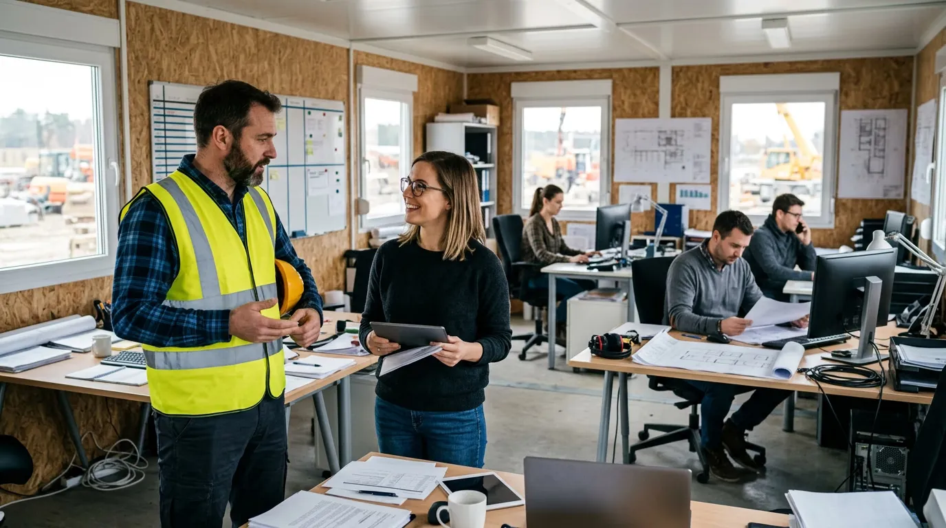 A site manager talking to a colleague in a construction project office