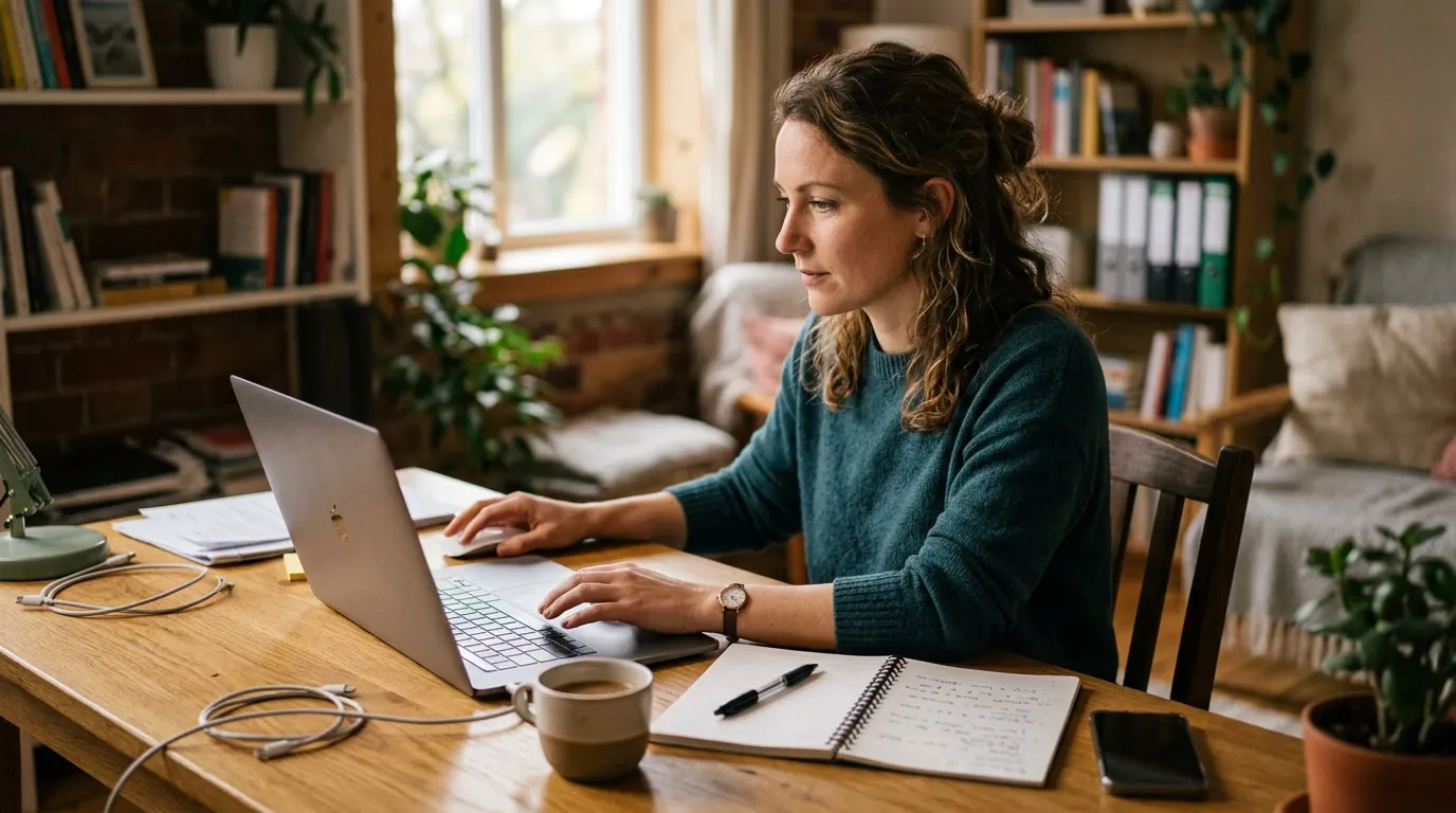 A consultant working alone at a desk in a small studio