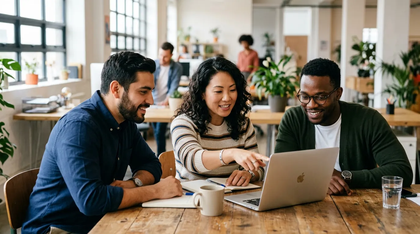 Three coworkers looking at a laptop together