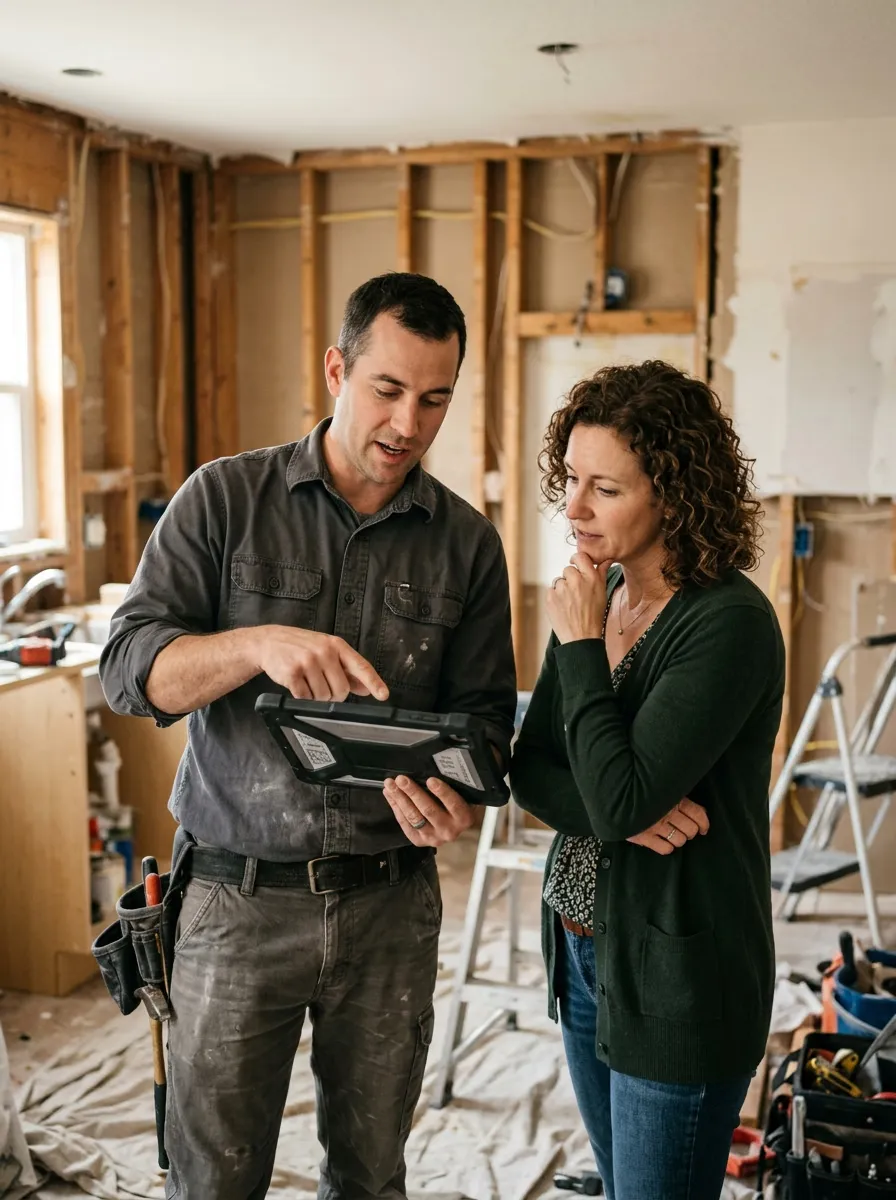 A contractor and a homeowner looking at a tablet in a half-renovated kitchen
