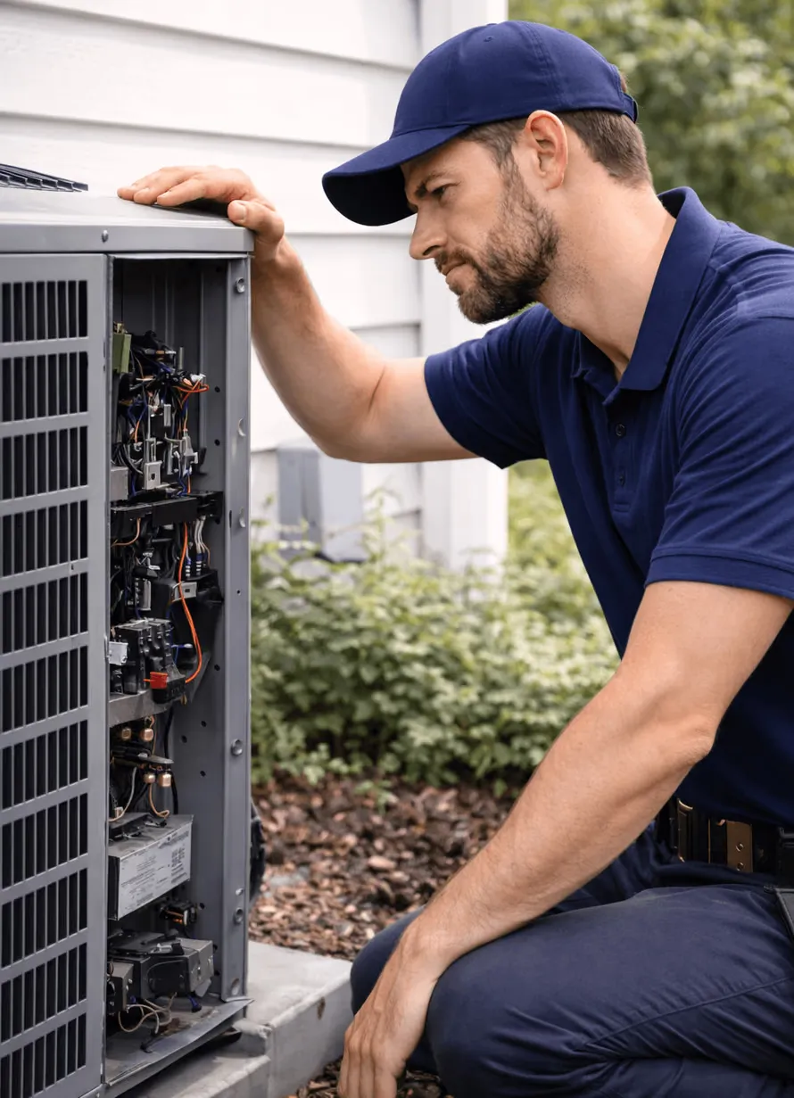 A technician servicing an outdoor air conditioning unit