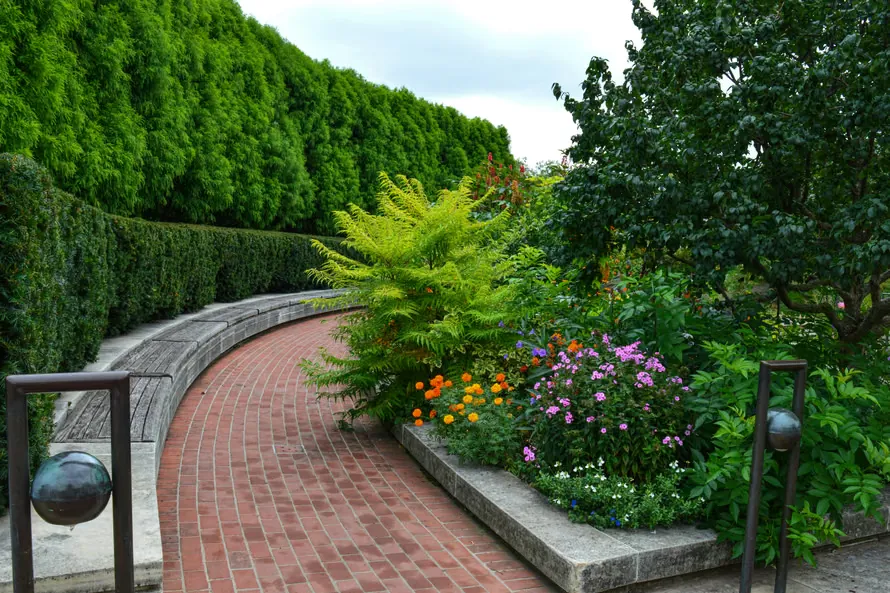A planted garden bed beside a curved brick path