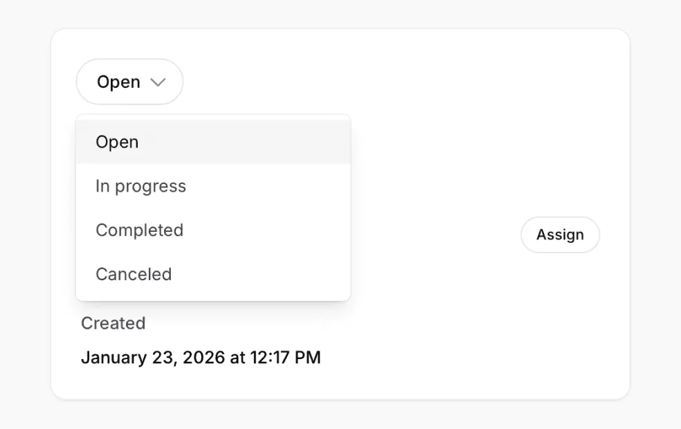 A workflow step with its status open for selection